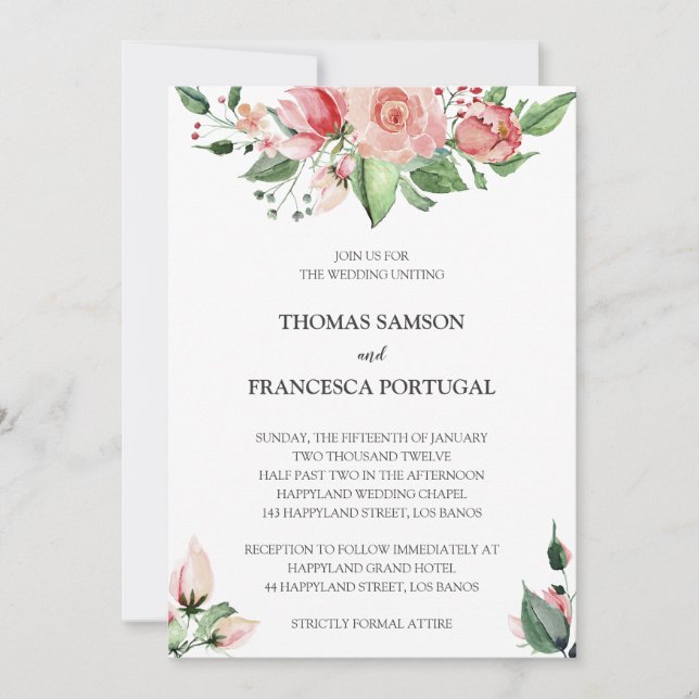 Invitación a casar con acuarela floral Rosa (Anverso)