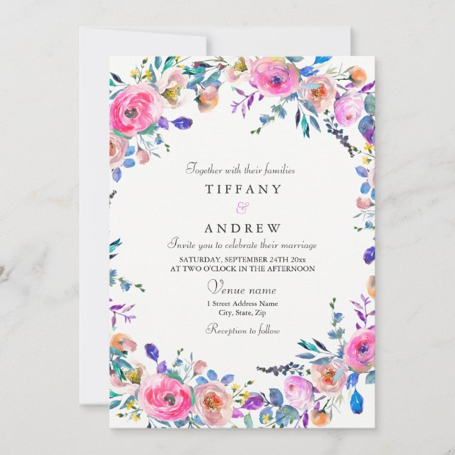 Invitación a casar con acuarela floral rosada trop (Anverso)