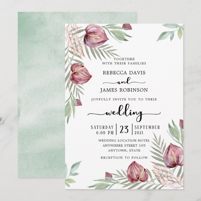 Invitación a casar con antrurio floral (Anverso / Reverso)
