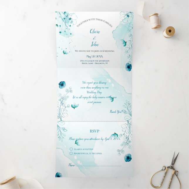 Invitación a casar con color azul floral personali (Interior)