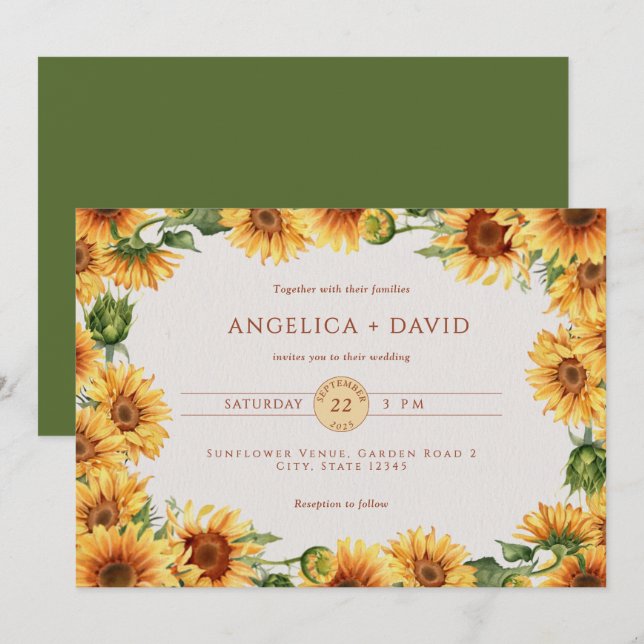 Invitación a casar con el borde de girasol (Anverso / Reverso)