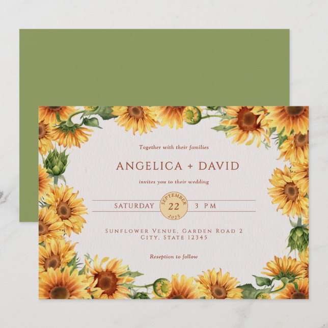 Invitación a casar con el borde de girasol (Anverso / Reverso)