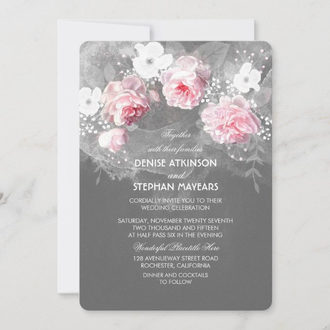 Invitación a casar con flores blancas y rosadas (Anverso)