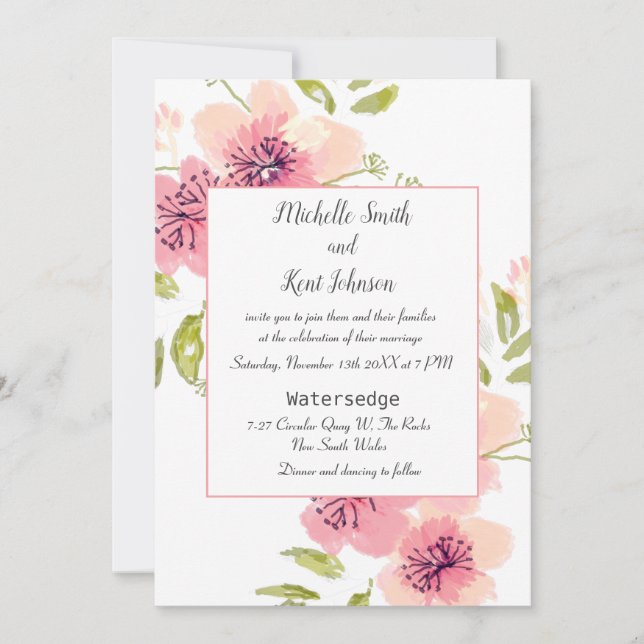 Invitación a casar con flores de anémona rosada (Anverso)