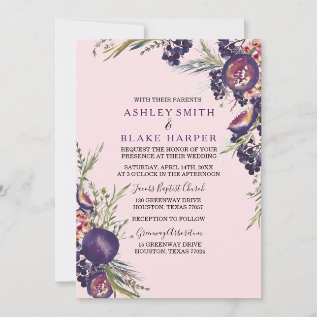 Invitación a casar con flores de higo morado rosa (Anverso)