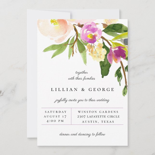 Invitación a casar con flores púrpura (Anverso)