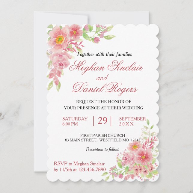 Invitación a casar con flores rosadas (Anverso)