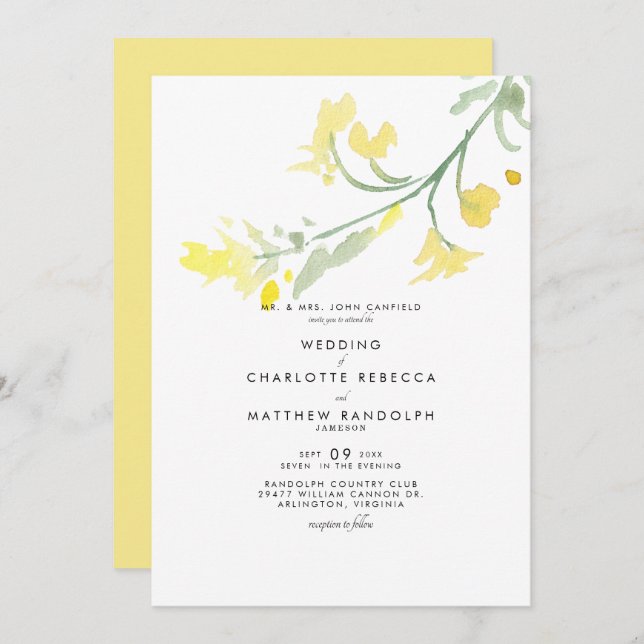 Invitación a casar con flores silvestres amarillas (Anverso / Reverso)
