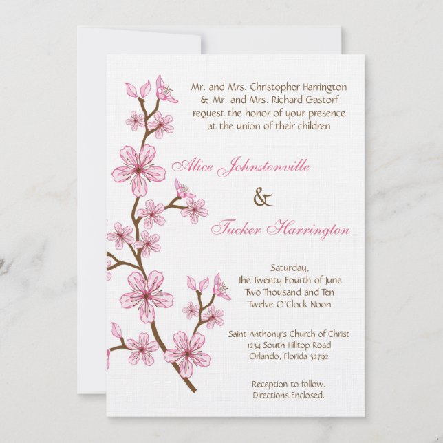 Invitación a casar con hilo de cerezo rosa 5x7 (Anverso)