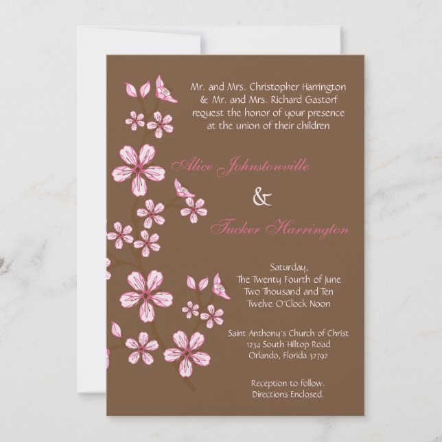 Invitación a casar con hilo de cerezo rosa 5x7 (Anverso)