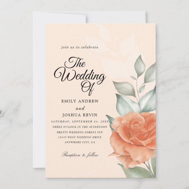 Invitación a casar con melocotón floral (Anverso)