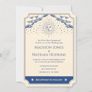Invitación a casar con tarjeta azul de sol y luna 