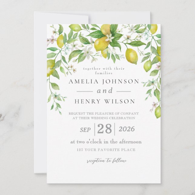 Invitación a casar de casamiento de cítricos limón (Anverso)
