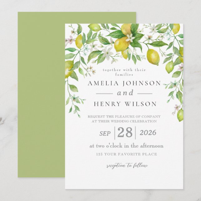 Invitación a casar de casamiento de cítricos limón (Anverso / Reverso)