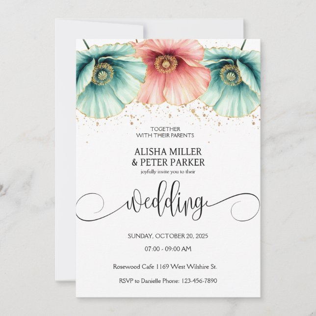 Invitación a casar en color azul y rosa (Anverso)