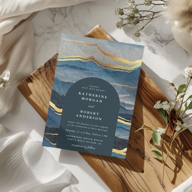 Invitación a casar en el paisaje de oro azul acuát (Subido por el creador)