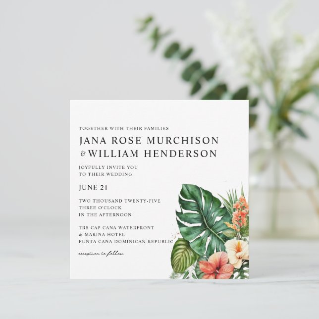 Invitación a casar hibiscus tropical (Anverso de pie)