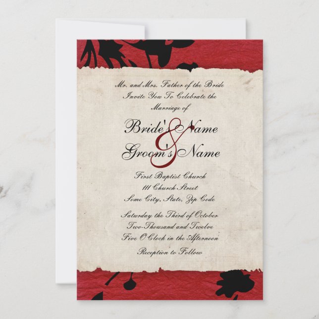 Invitación a casar papel rojo y negro desgarrado (Anverso)