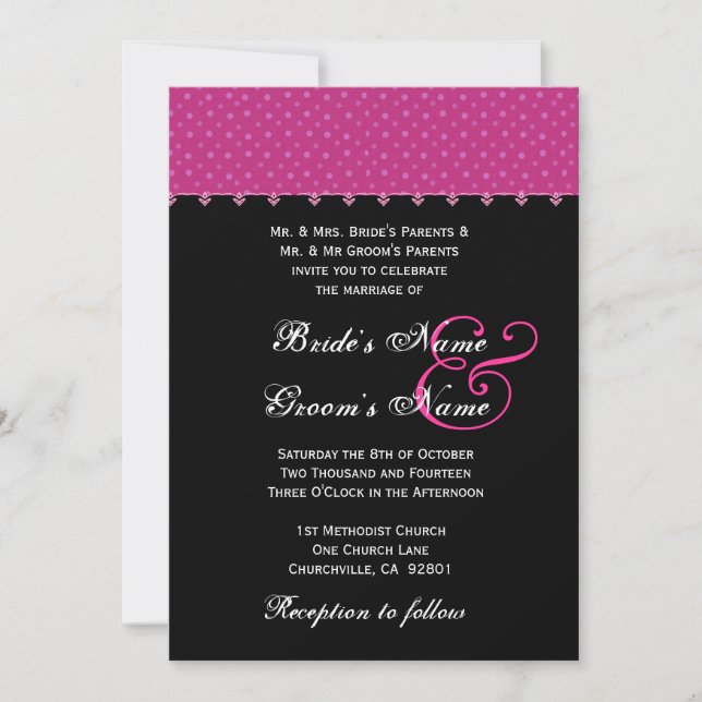 Invitación a casar puntos de polka rosado y negro  (Anverso)