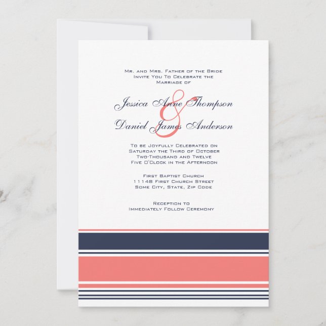 Invitación a casar rayas rosas y azules modernas (Anverso)
