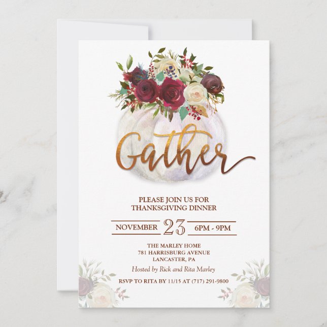 Invitación a cena de Acción de Gracias con calabaz (Anverso)