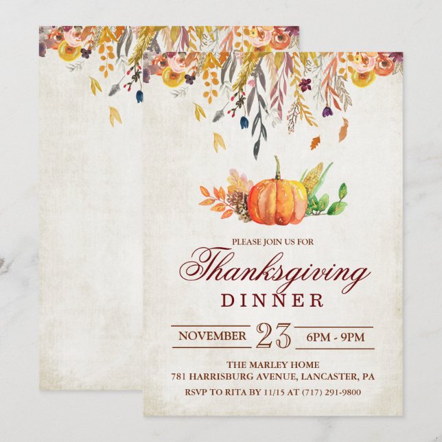 Invitación a cena de Acción de Gracias de otoño co (Anverso / Reverso)
