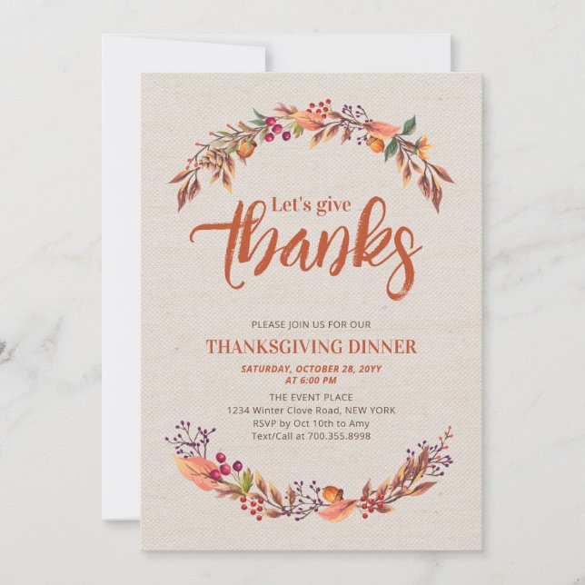 Invitación a cena de Acción de Gracias otoñal rúst (Anverso)