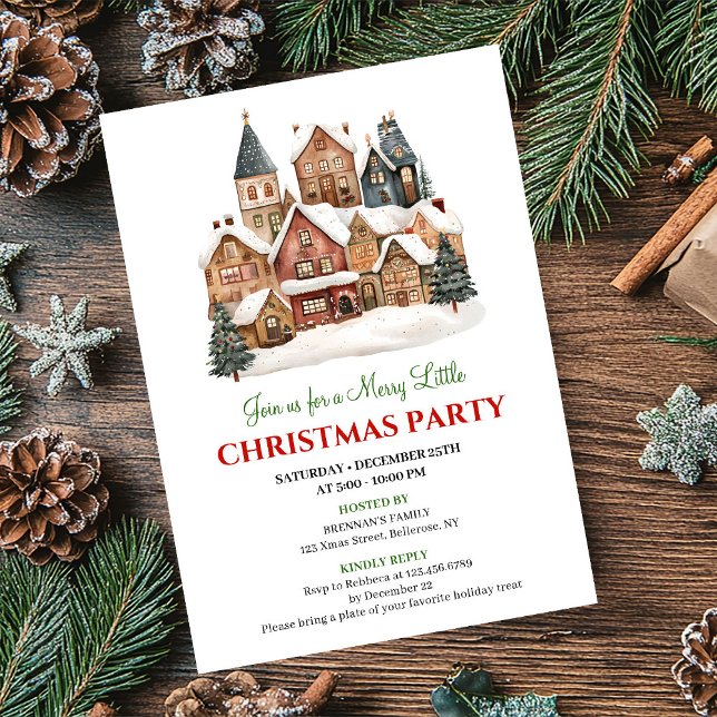 Invitación a cena de fiesta de Navidad con escena  (Playful winter scene Christmas party dinner invitation)
