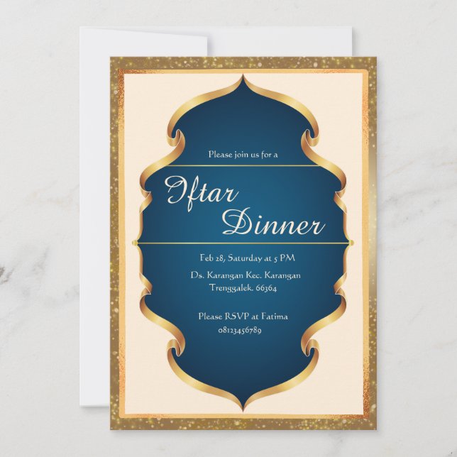 Invitación a cena de Iftar en azul real y dorado (Anverso)