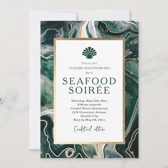 Invitación a cena de mariscos en mármol esmeralda (Anverso)