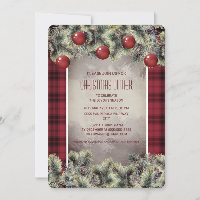 Invitación a cena de Navidad con cuadros rústicos  (Anverso)