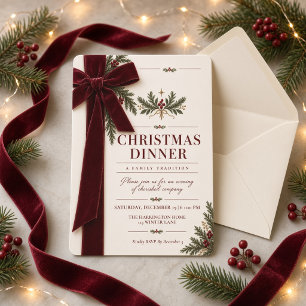 Invitación a Cena de Navidad con Lazo de Terciopel