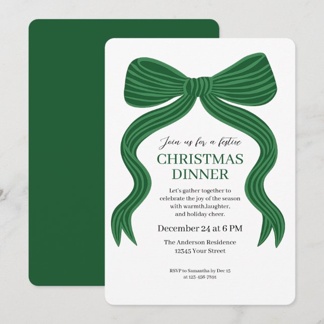 Invitación a cena de Navidad con lazo verde elegan (Anverso / Reverso)