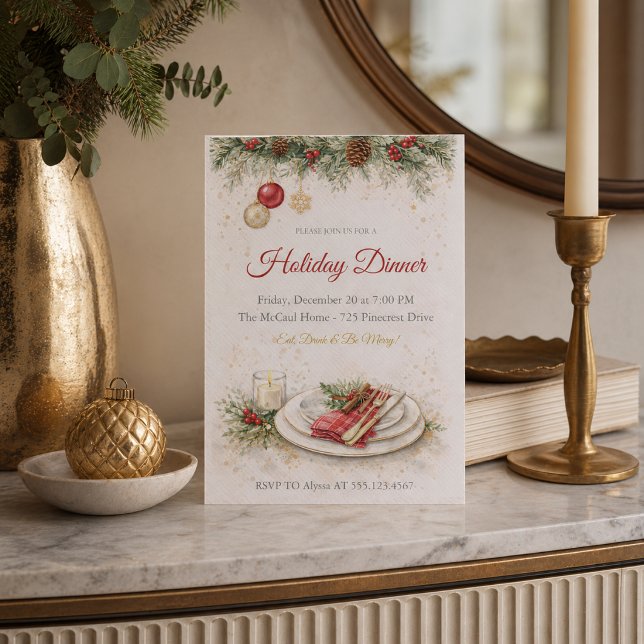 Invitación a cena de pino festivo (Festive pine holiday dinner invite with warm table setting and classic seasonal details)