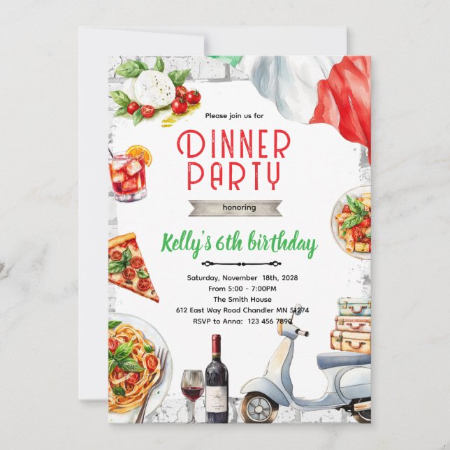 Invitación a cena italiana de cumpleaños (Anverso)