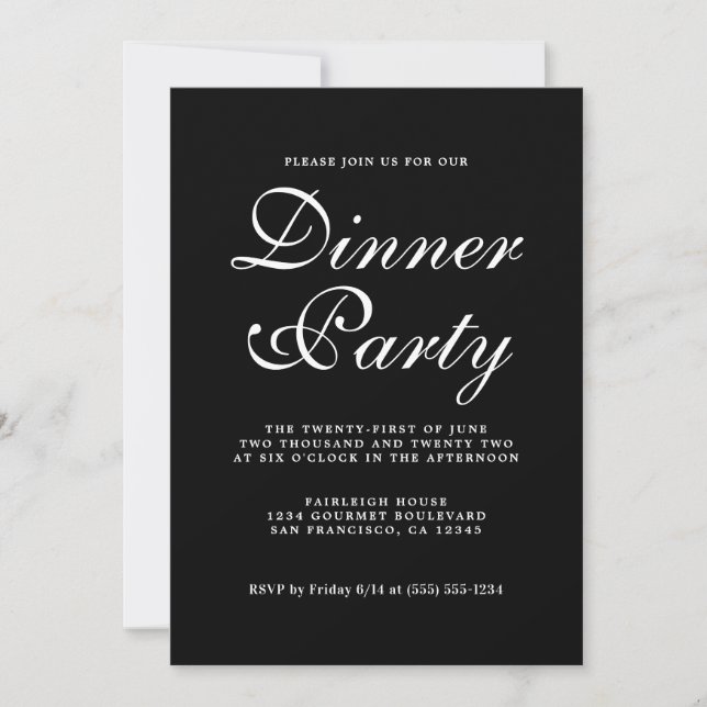 Invitación a Cena Simple y Chic con Caligrafía Neg (Anverso)