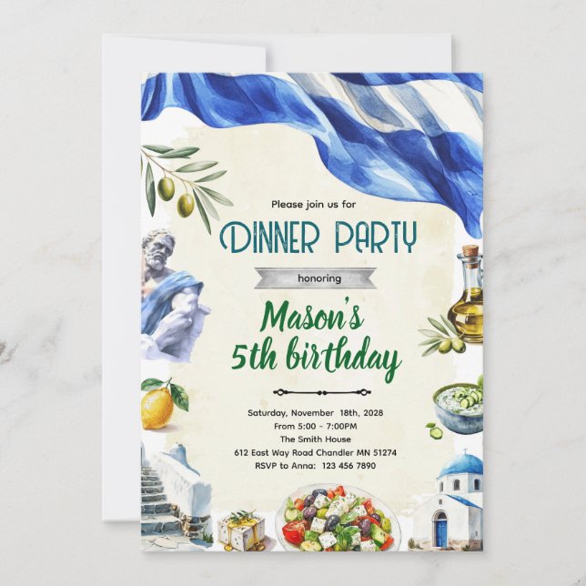 Invitación a cena temática de Grecia (Anverso)