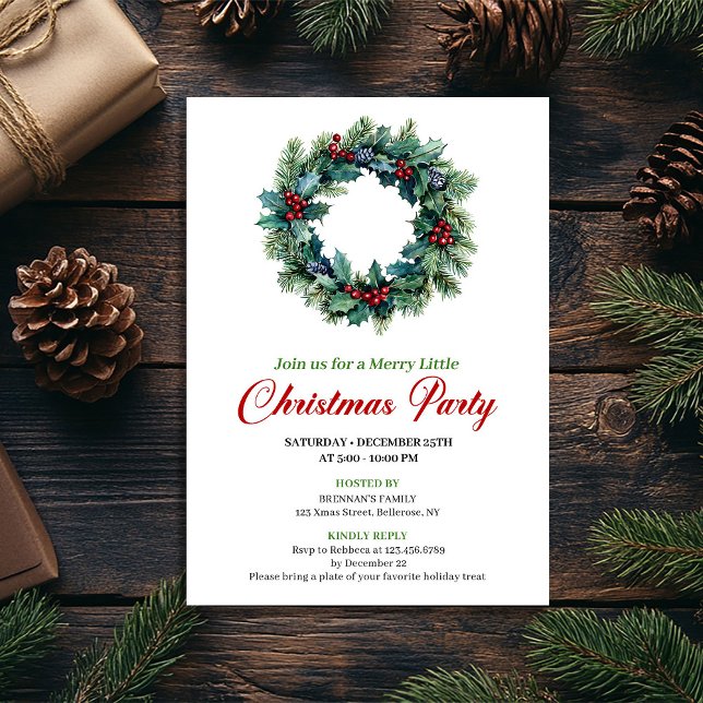 Invitación a cenar con corona de Navidad en acuare (Elegant watercolor Christmas wreath dinner invitation)