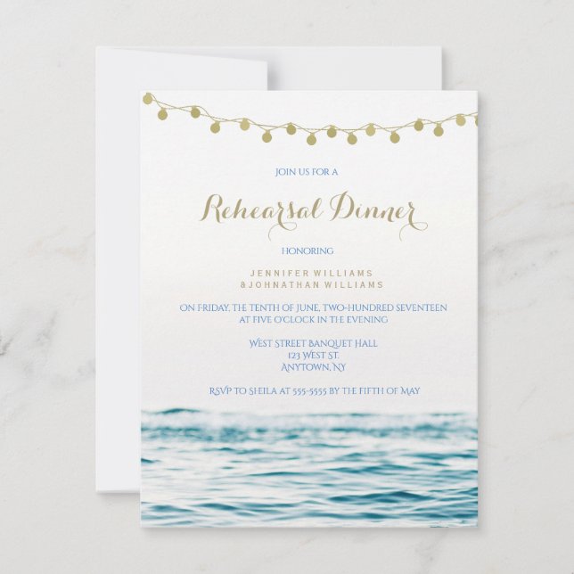Invitación a cenar con luces oceánicas azules/dora (Anverso)