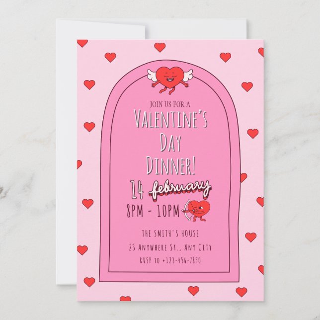 Invitación a cenar Día de San Valentín rosado (Anverso)