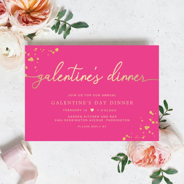 Invitación a cenar el Día de Galentine de Oro Rosa (Galentines Dinner Invitation Hot Pink Paintly Gold )