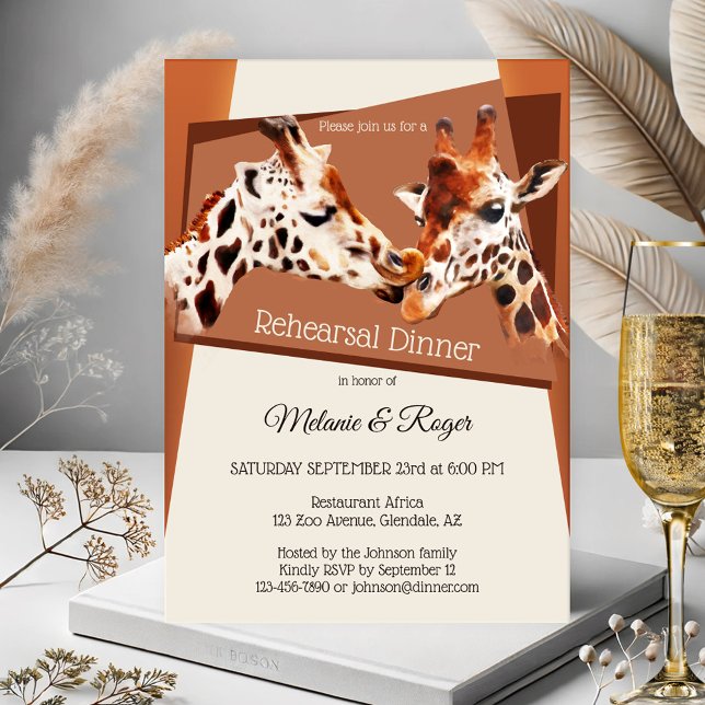 Invitación a cenar en el zoológico de Giraffe Safa (Rehearsal dinner invitation with a whimsical and colorful painting of giraffes - animal -zoo -safari)