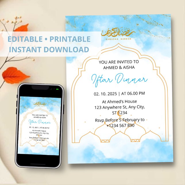 Invitación a cenar Iftar color de agua azul ramadá (Subido por el creador)