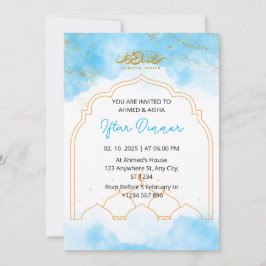Invitación a cenar Iftar color de agua azul ramadá