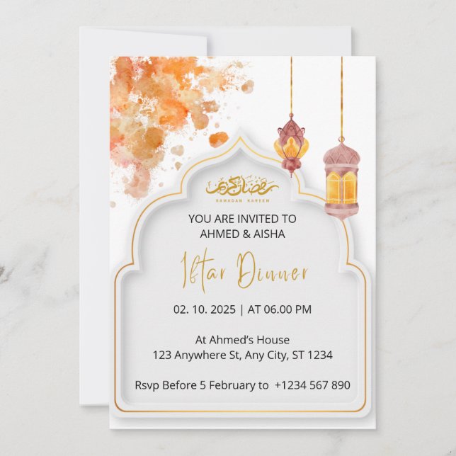 Invitación a cenar Iftar ramadan naranja acuarela (Anverso)