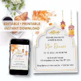 Invitación a cenar Iftar ramadan naranja acuarela