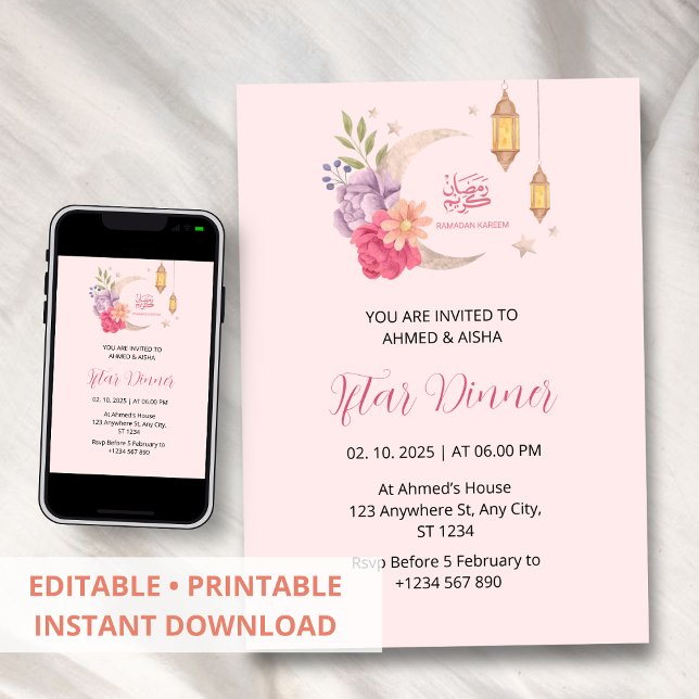 Invitación a cenar Iftar ramadan rosa con luna (Subido por el creador)