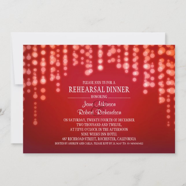 invitación a cenar REHEARSAL rojo con luces de cad (Anverso)