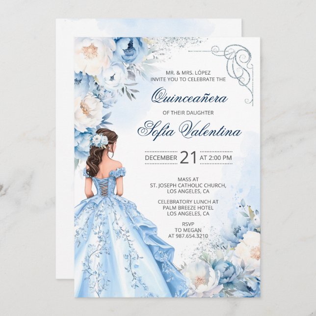 Invitación a Cenicienta Azul Bebé Quinceañera (Anverso / Reverso)