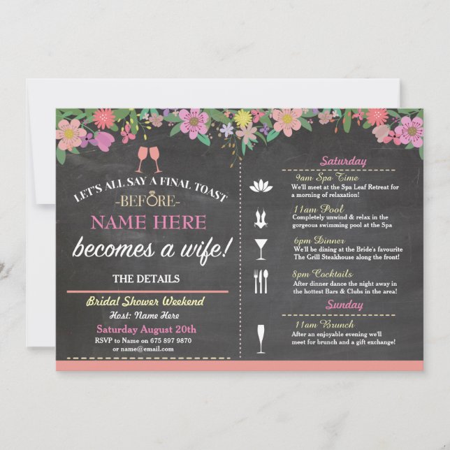 Invitación a Chalk Rosa Floral con ducha nupcial (Anverso)